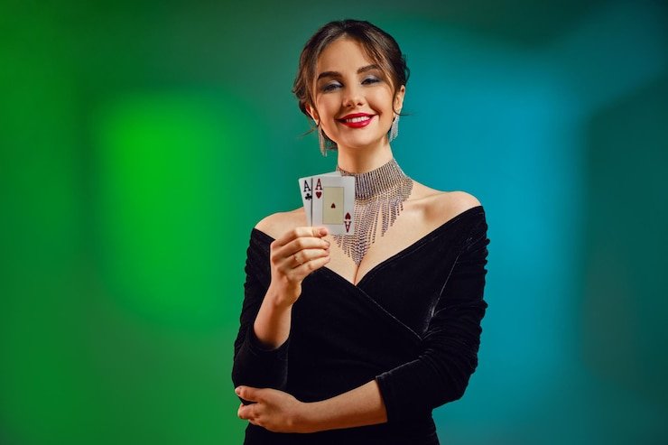 লাইভ ডিলার ক্যাসিনোর নীল স্টুডিও দৃশ্য
